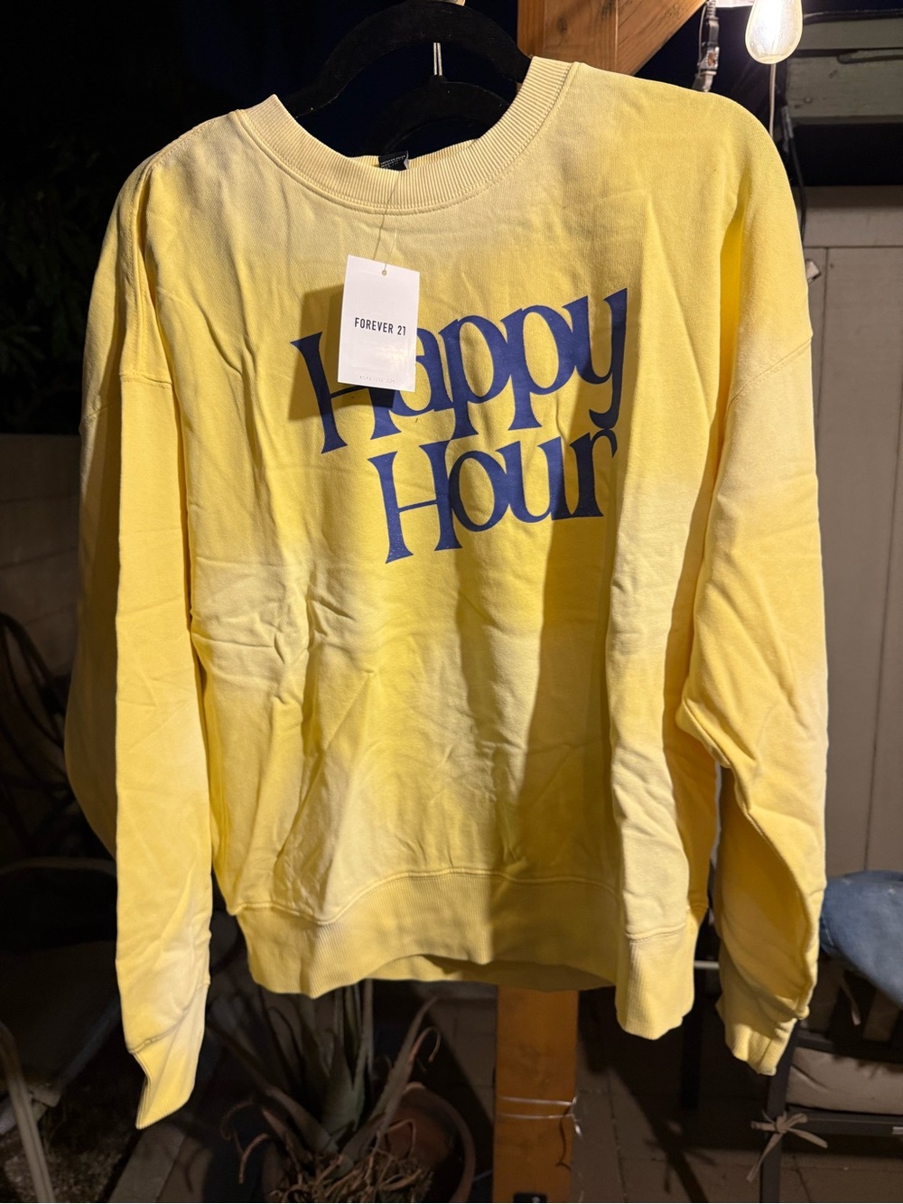 Forever 21 Yellow Crewneck with Navy 'Happy Hour' Print